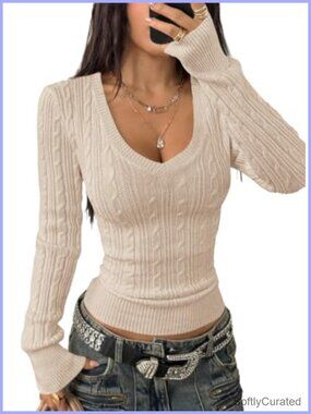Womens V Neck Cable Knit Sweater Fitted Long Sleeve Pullover Top